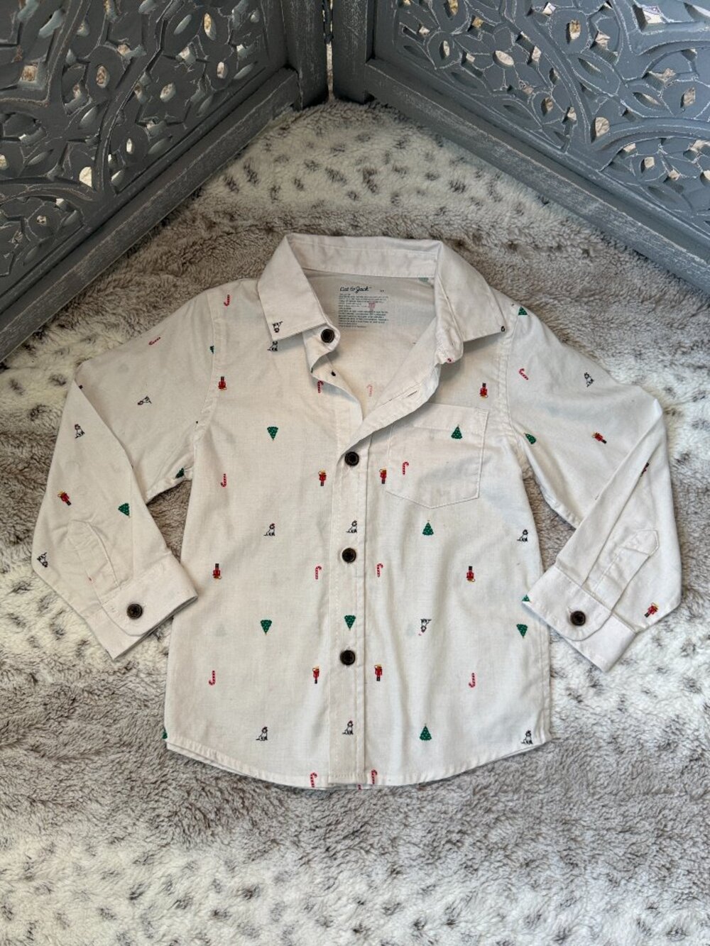 Cat & Jack holiday button up shirt boys 3T nutcracker candy cane Christmas tree